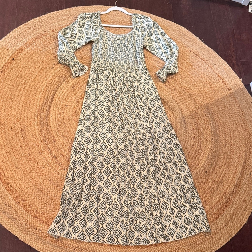 Bohemian Maxi Dress in Ivory and Green- Casual Modest Long Sleeve